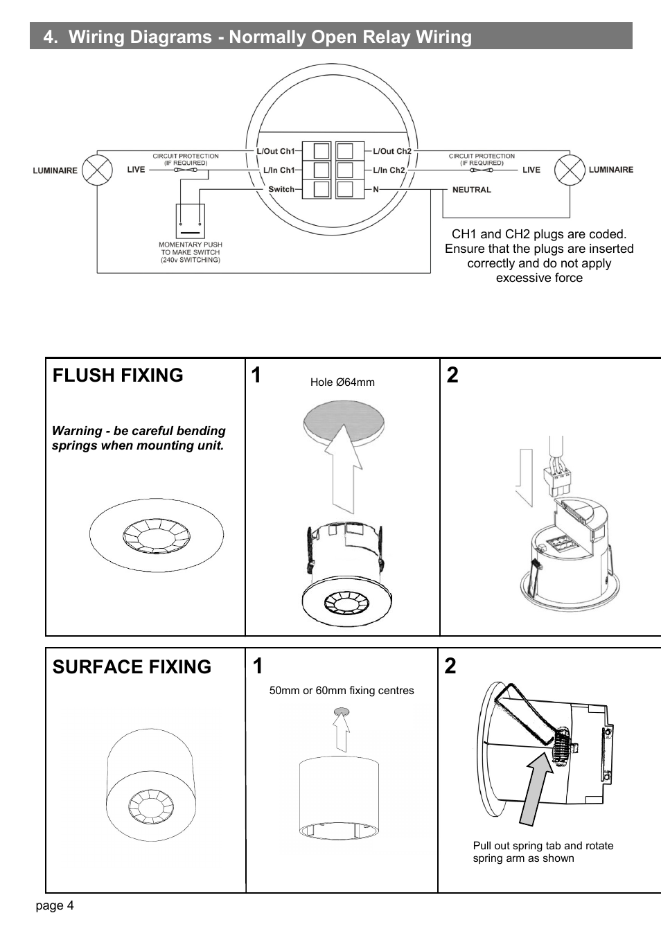 Flush fixing surface fixing, Wiring diagrams - normally open relay wiring | CP Electronics EBDSPIR-PRM-2CHC User Manual | Page 4 / 8