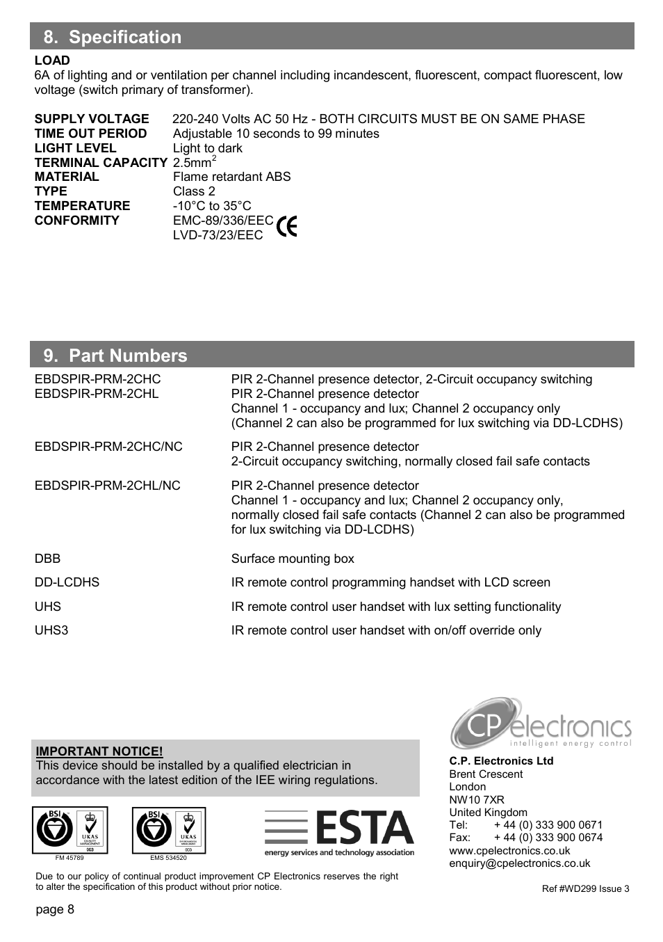 Part numbers 8. specification | CP Electronics EBDSPIR-PRM-2CHC User Manual | Page 8 / 8