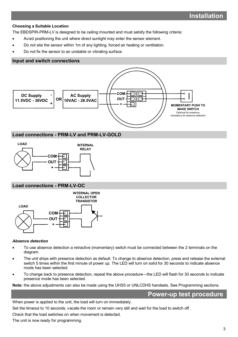 Installation, Power-up test procedure, Input and switch connections | Load connections - prm-lv and prm-lv-gold, Load connections - prm-lv-oc | CP Electronics EBDSPIR-PRM-LV User Manual | Page 3 / 8