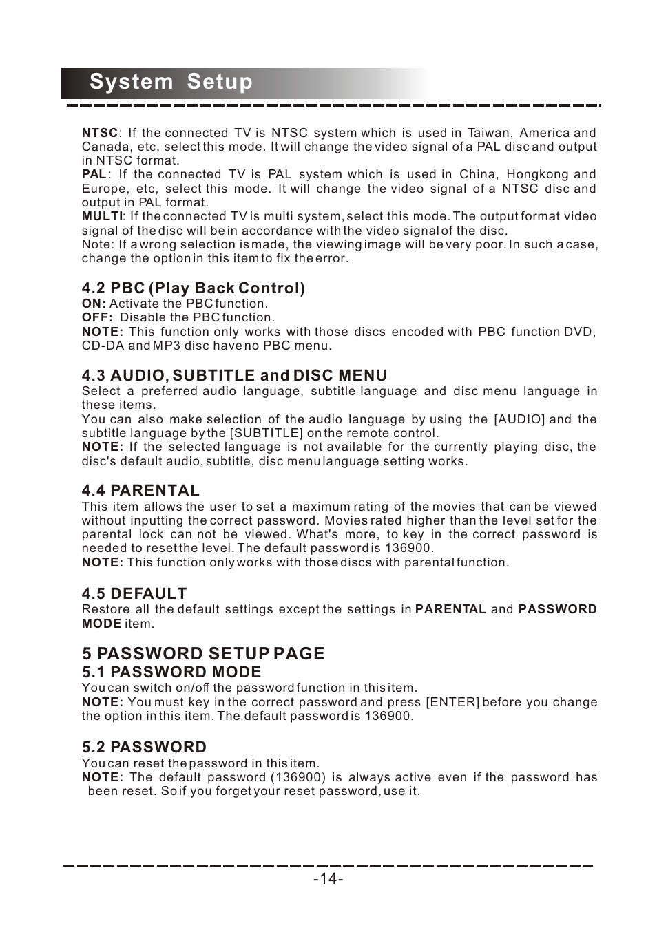 Т³гж 15, System setup, 5 password setup page | COBY electronic DVD-958 User Manual | Page 15 / 22