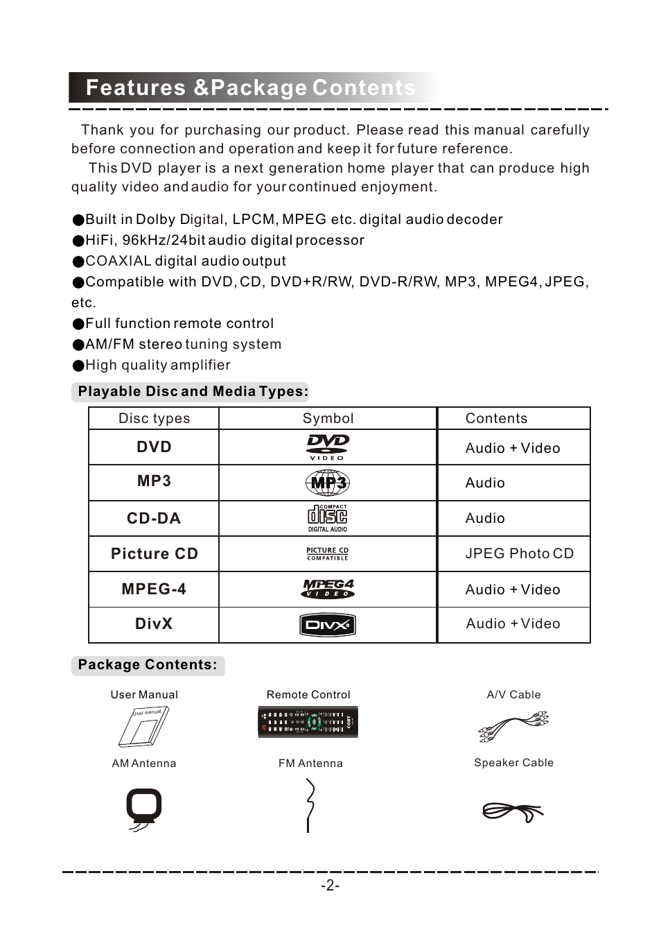 Т³гж 3, Features &package contents, Cd-da | Picture cd, Divx, Mpeg-4, Audio, Jpeg photo cd, Audio + video | COBY electronic DVD-958 User Manual | Page 3 / 22