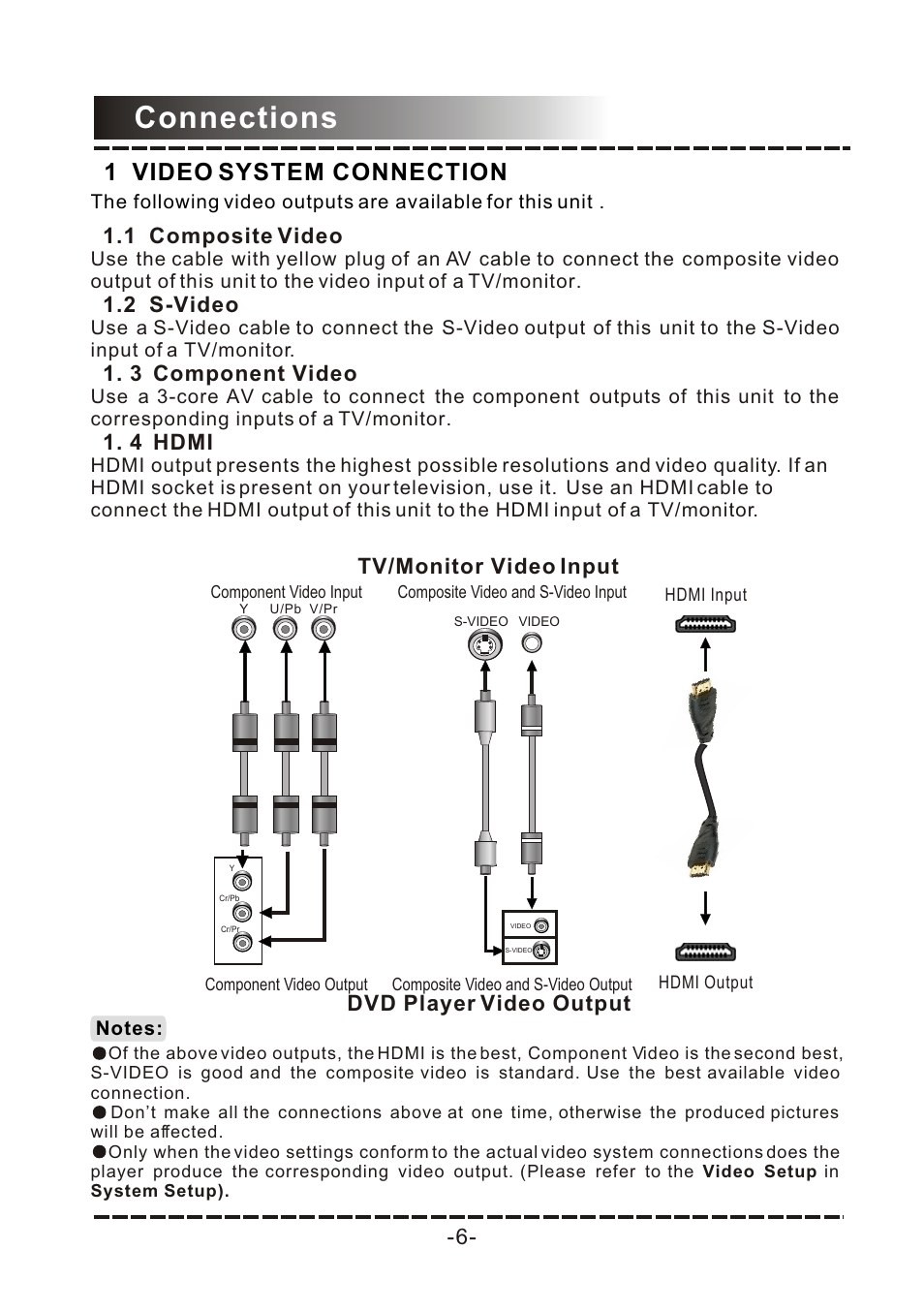 Connections, 1 video system connection | COBY electronic DVD-958 User Manual | Page 7 / 22