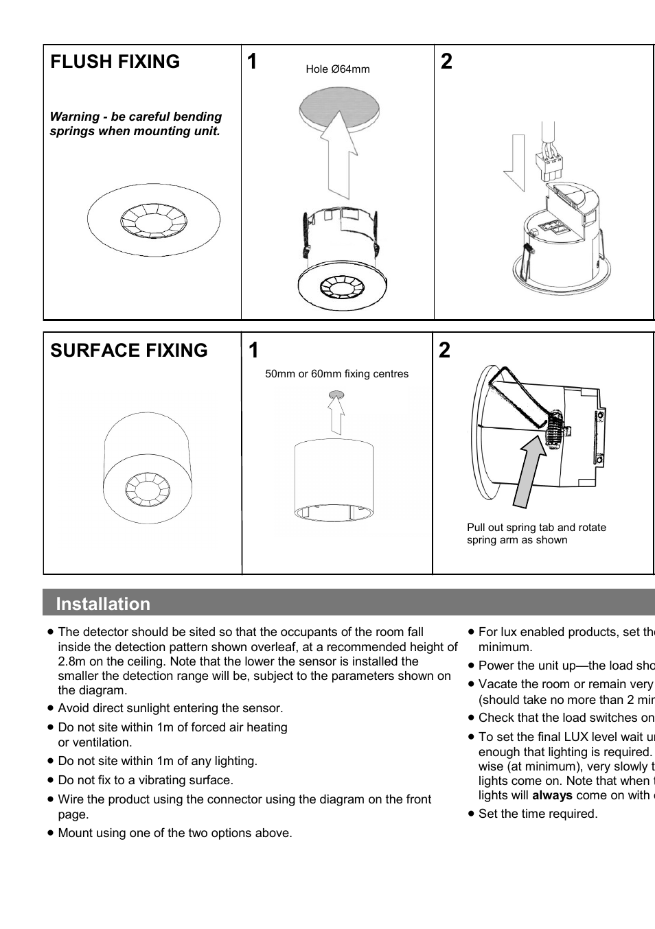 Flush fixing surface fixing, Installation | CP Electronics EBDSPIR-VFC User Manual | Page 2 / 4