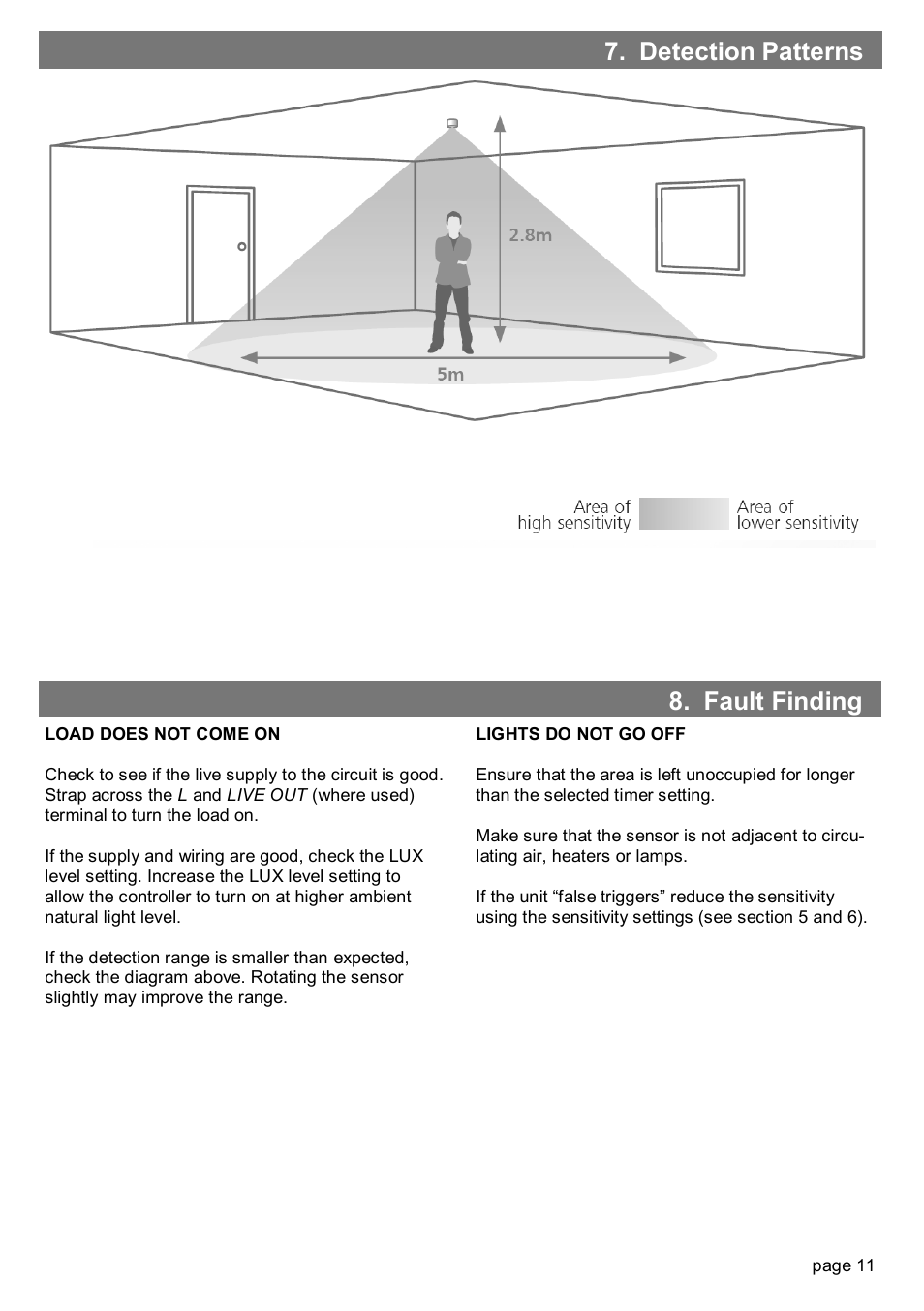 Detection patterns, Fault finding | CP Electronics EBMPIR + slim line PSU User Manual | Page 11 / 12