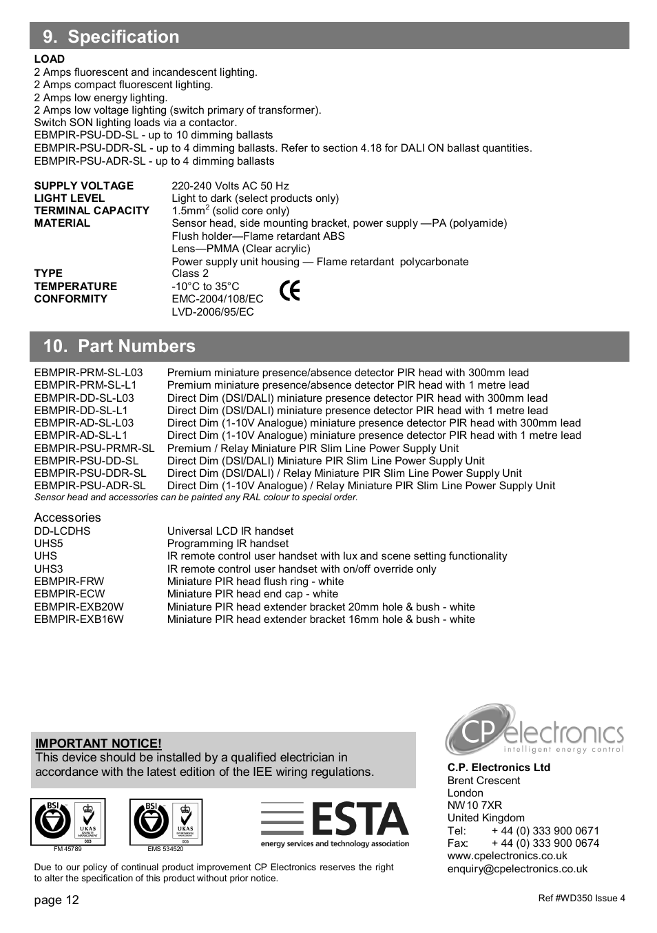 Part numbers 9. specification | CP Electronics EBMPIR + slim line PSU User Manual | Page 12 / 12