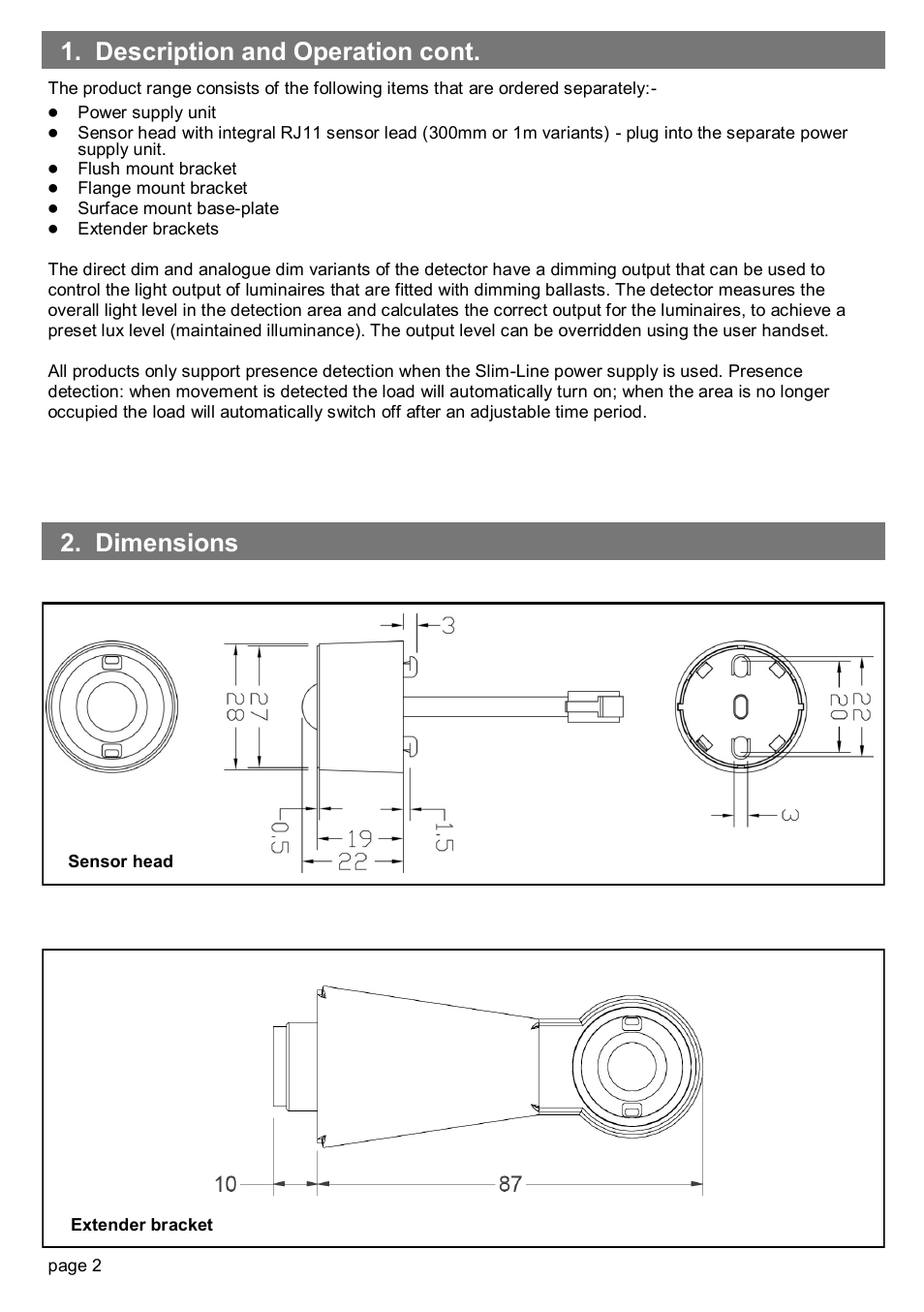 Dimensions, Description and operation cont | CP Electronics EBMPIR + slim line PSU User Manual | Page 2 / 12