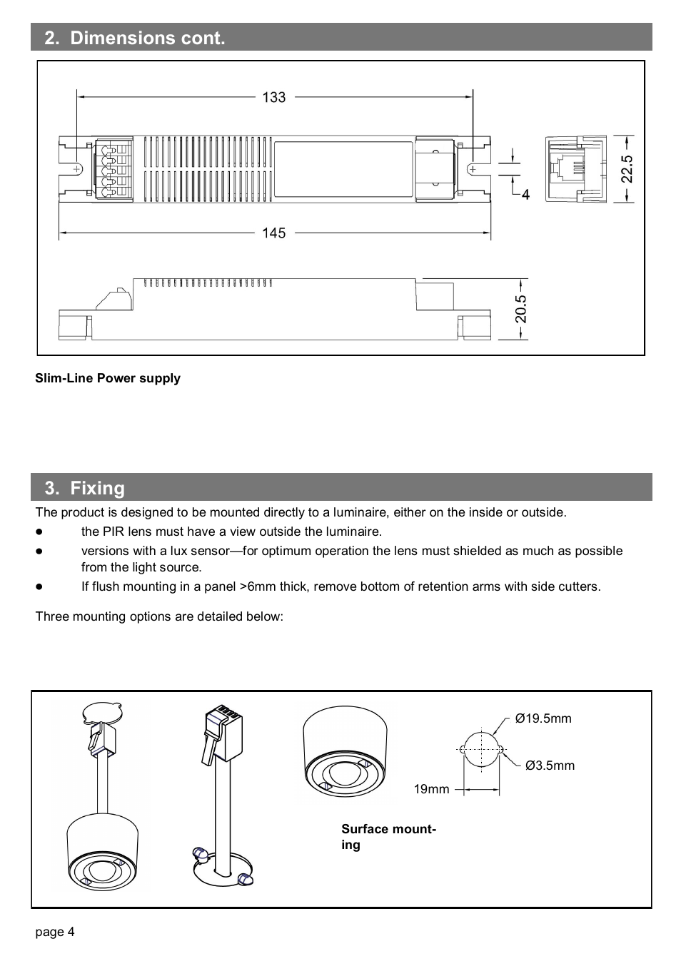 Fixing, Dimensions cont | CP Electronics EBMPIR + slim line PSU User Manual | Page 4 / 12