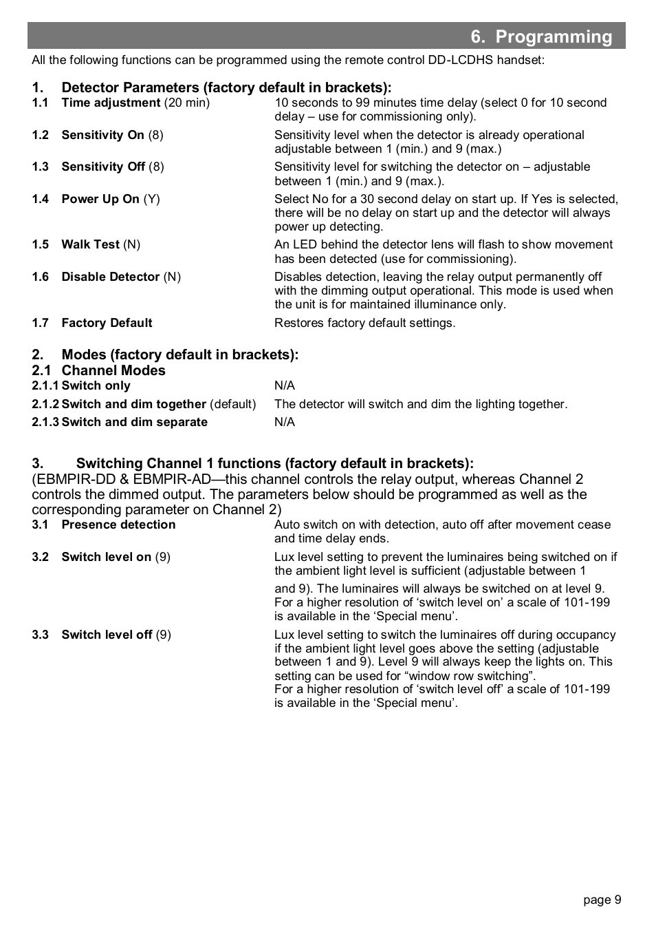 Programming | CP Electronics EBMPIR + slim line PSU User Manual | Page 9 / 12