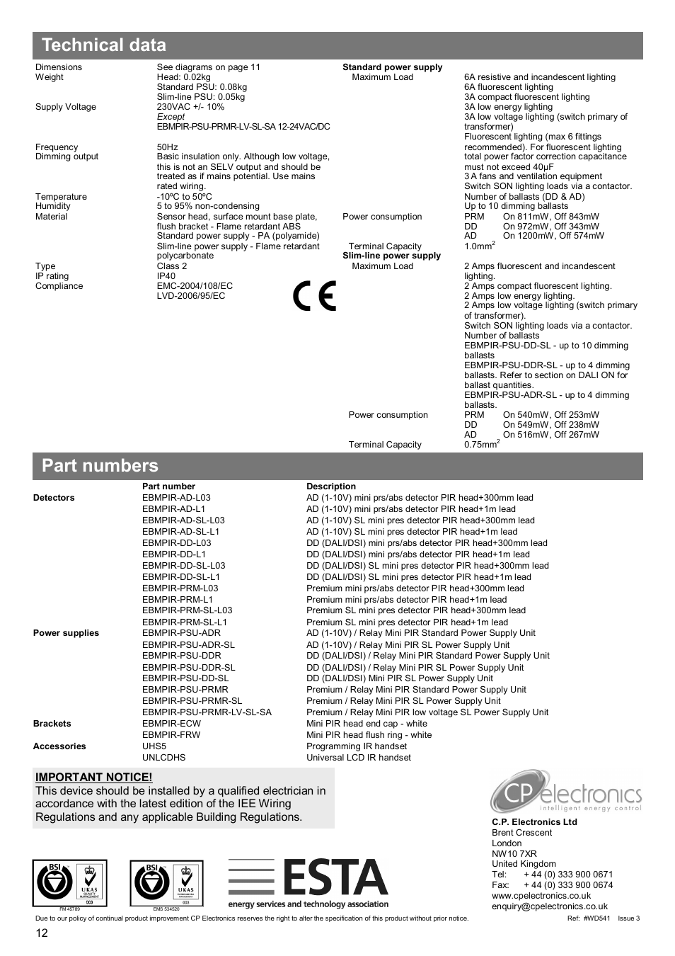 Technical data part numbers | CP Electronics EBMPIR User Manual | Page 12 / 12