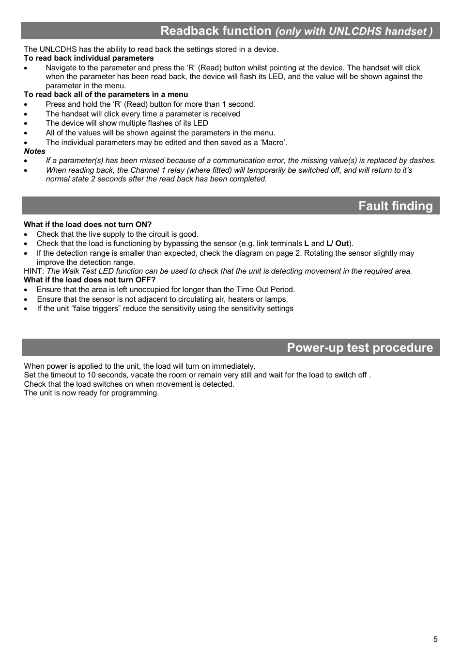 Readback function, Fault finding, Power-up test procedure | Only with unlcdhs handset ) | CP Electronics EBMPIR User Manual | Page 5 / 12