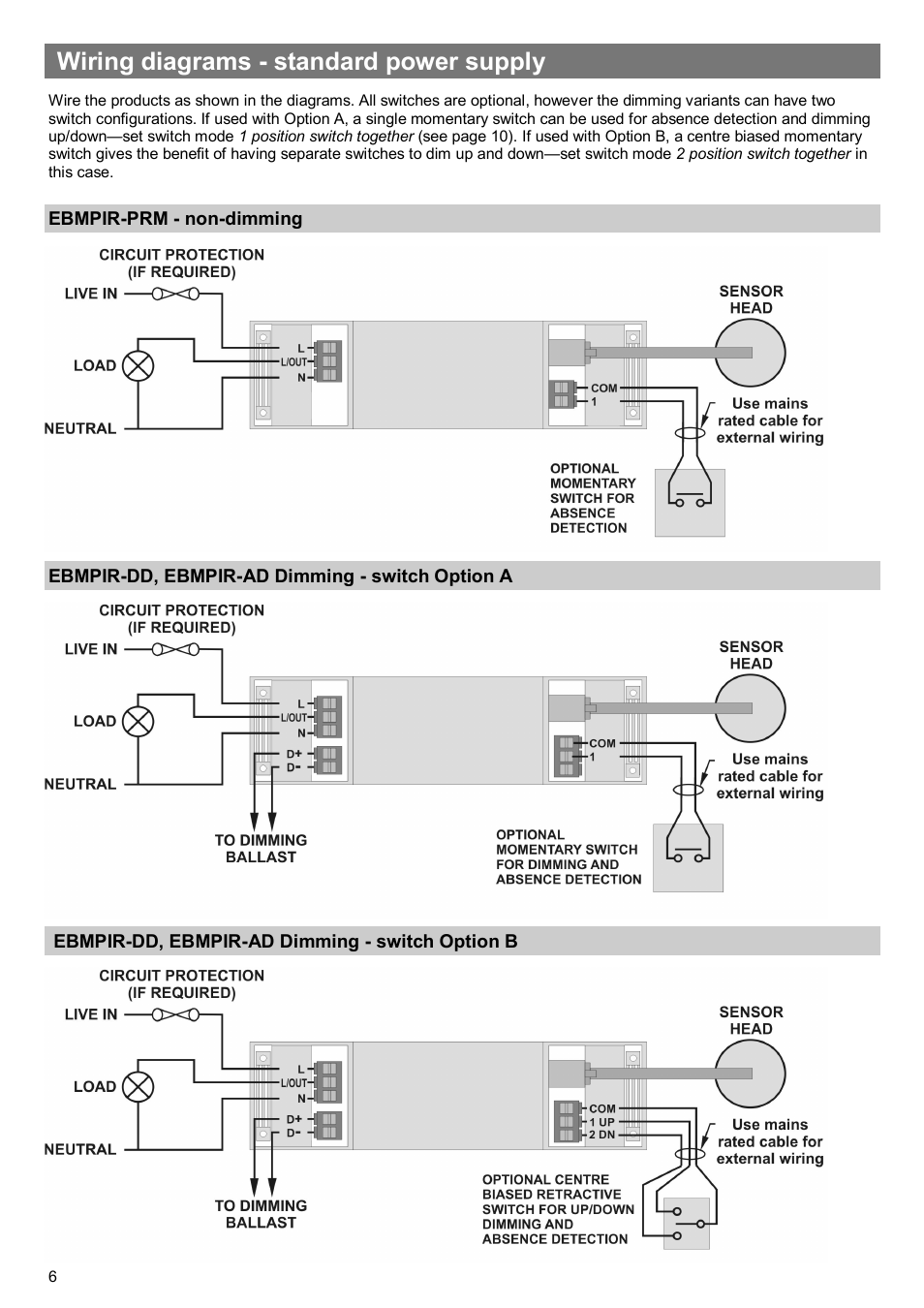 Wiring diagrams - standard power supply | CP Electronics EBMPIR User Manual | Page 6 / 12