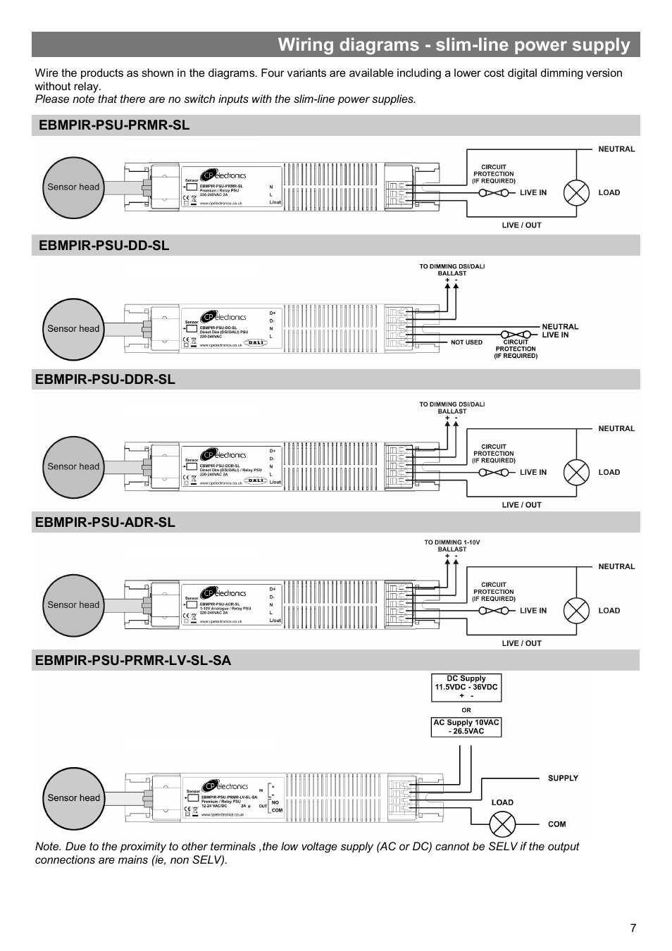 Wiring diagrams - slim-line power supply | CP Electronics EBMPIR User Manual | Page 7 / 12