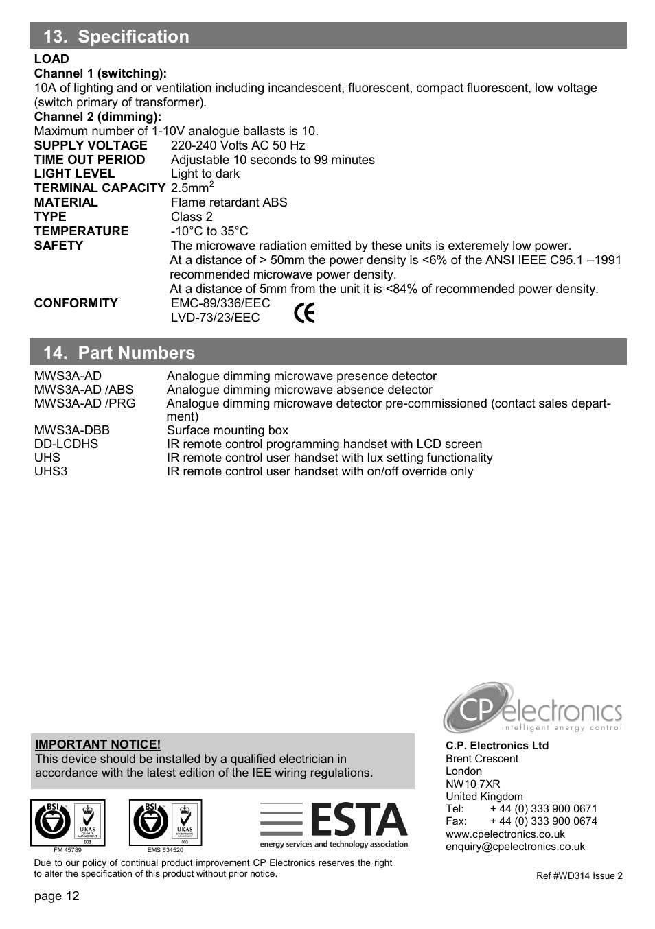 Part numbers 13. specification | CP Electronics MWS3A-AD User Manual | Page 12 / 12