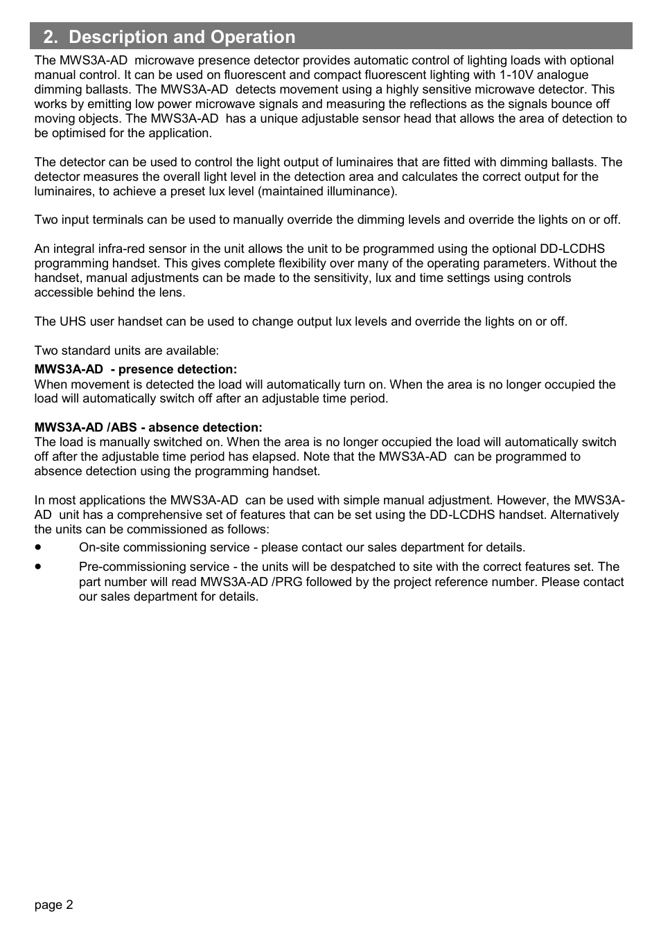 Description and operation | CP Electronics MWS3A-AD User Manual | Page 2 / 12