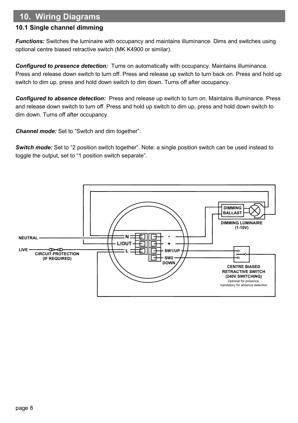 Wiring diagrams, 1 single channel dimming, Page 8 | CP Electronics MWS3A-AD User Manual | Page 8 / 12