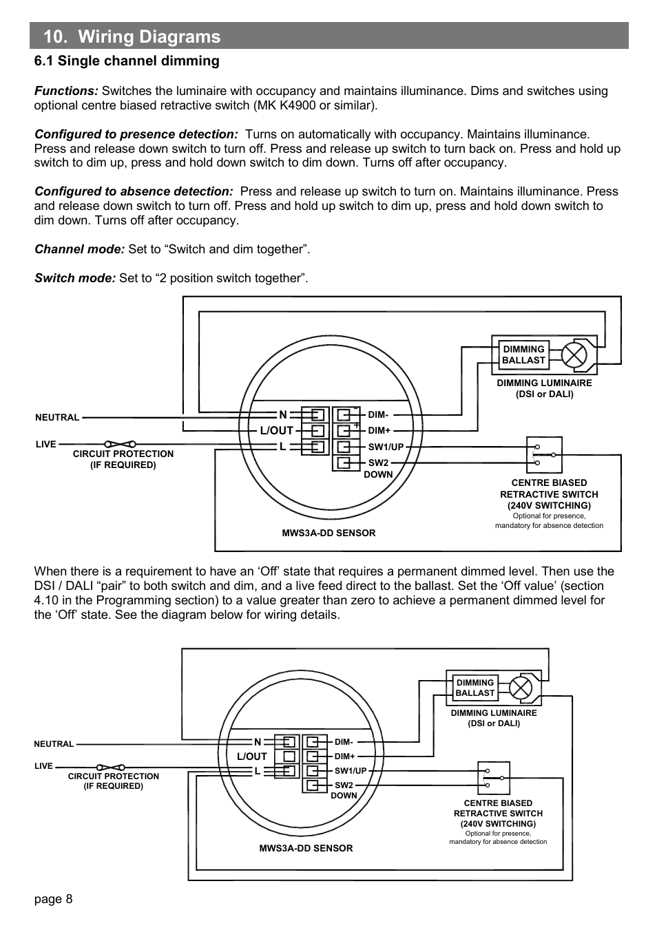 Wiring diagrams, 1 single channel dimming, Page 8 | CP Electronics MWS3A-DD User Manual | Page 8 / 12