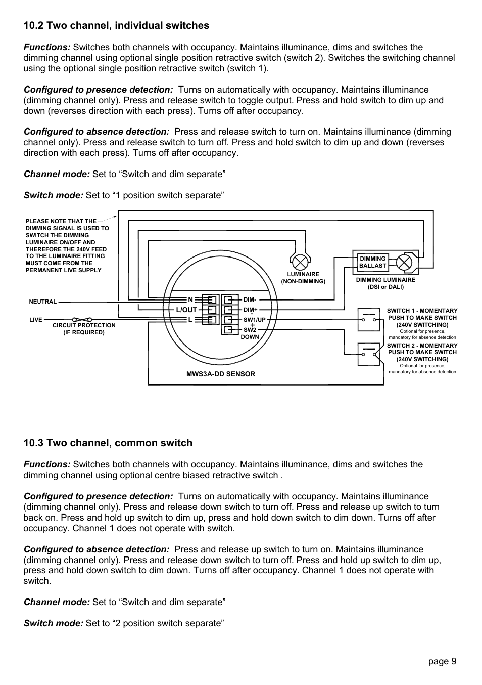 2 two channel, individual switches, 3 two channel, common switch, Page 9 | CP Electronics MWS3A-DD User Manual | Page 9 / 12