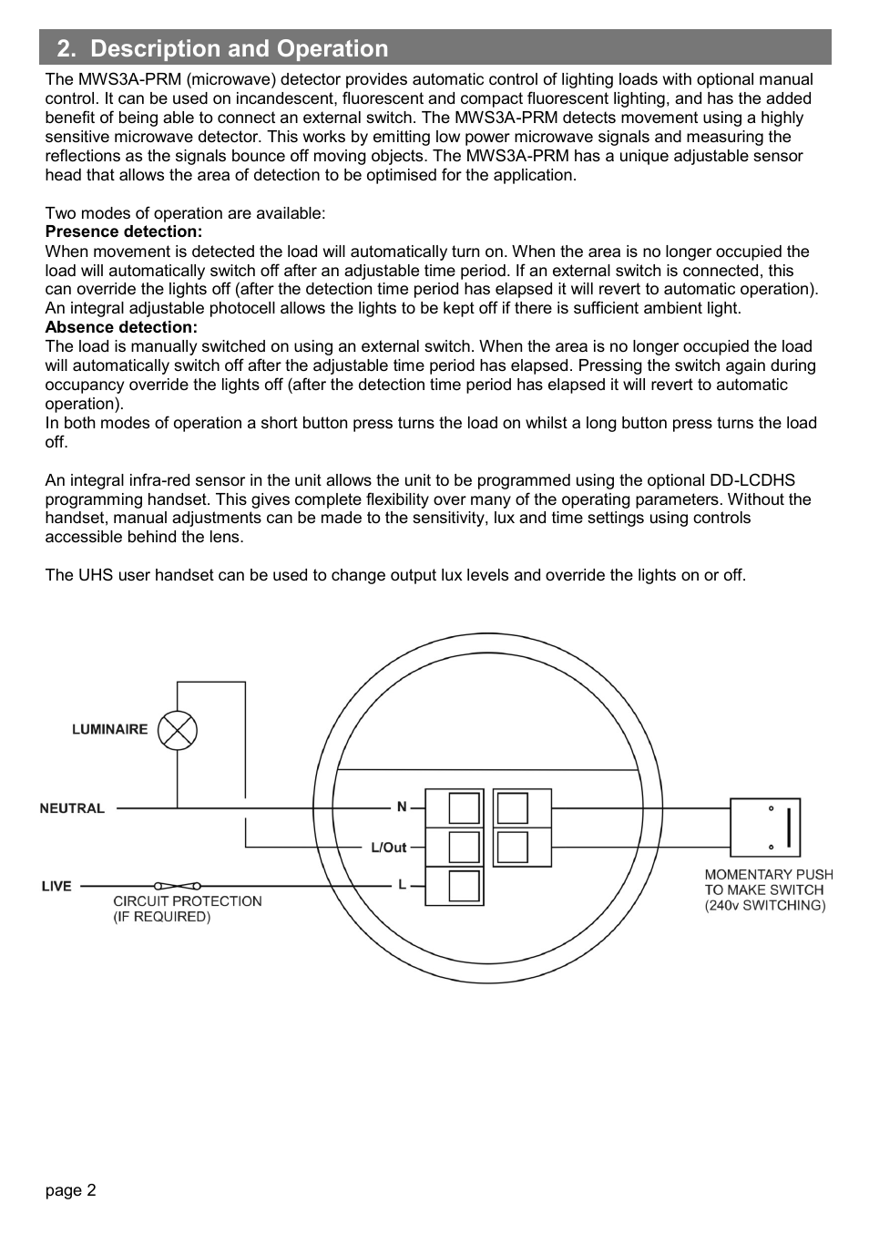 Description and operation | CP Electronics MWS3A-PRM User Manual | Page 2 / 8