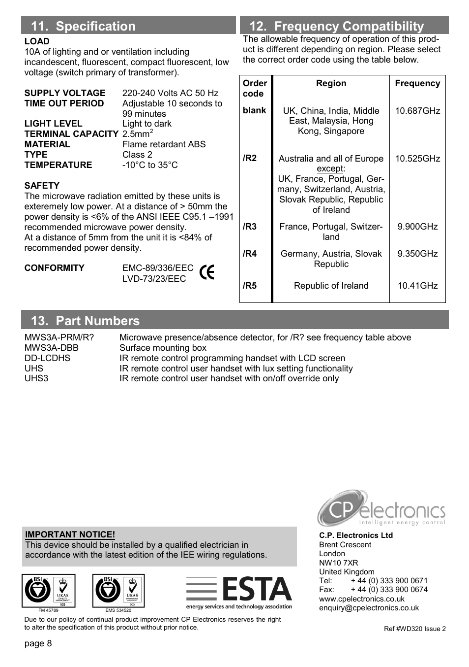 Part numbers 11. specification, Frequency compatibility | CP Electronics MWS3A-PRM User Manual | Page 8 / 8