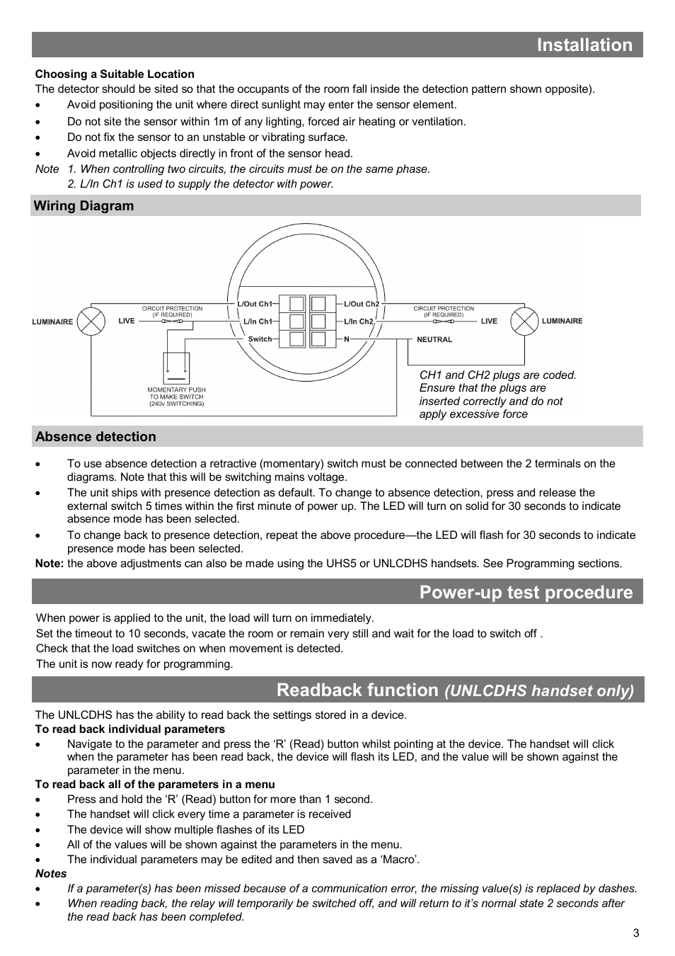 Installation, Power-up test procedure, Readback function | Unlcdhs handset only) | CP Electronics MWS3A-PRM-2CH User Manual | Page 3 / 8
