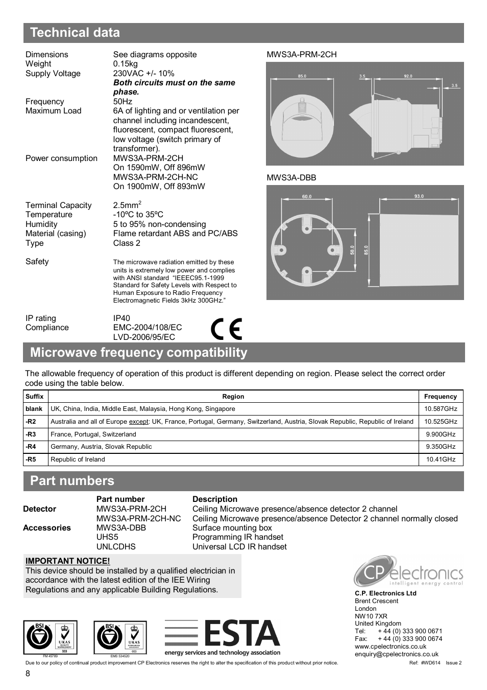 Technical data part numbers, Microwave frequency compatibility | CP Electronics MWS3A-PRM-2CH User Manual | Page 8 / 8