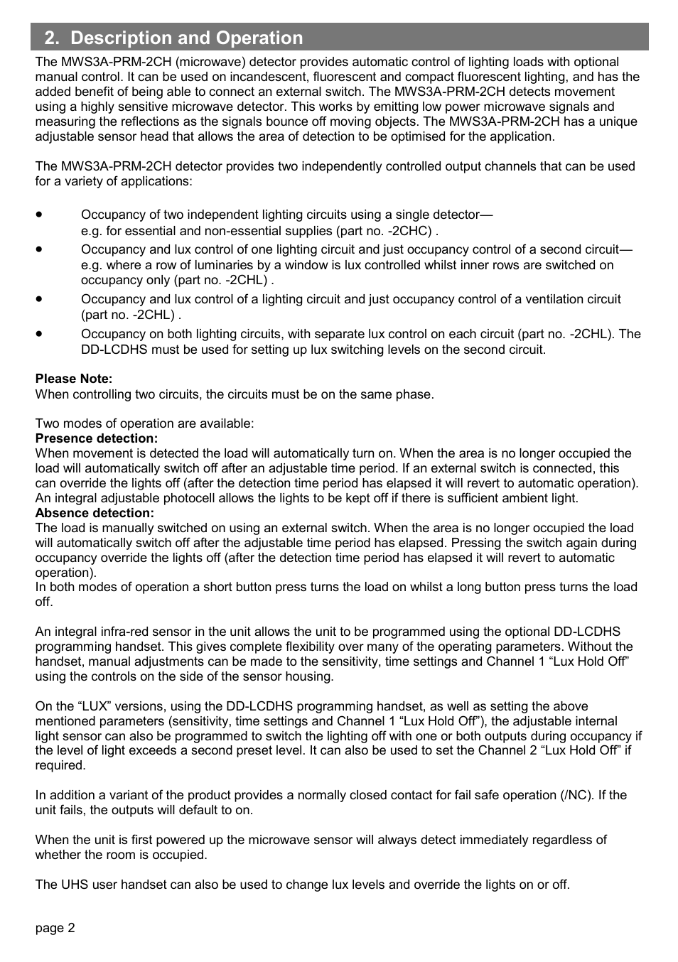 Description and operation | CP Electronics MWS3A-PRM-2CHC, 2CHL User Manual | Page 2 / 8