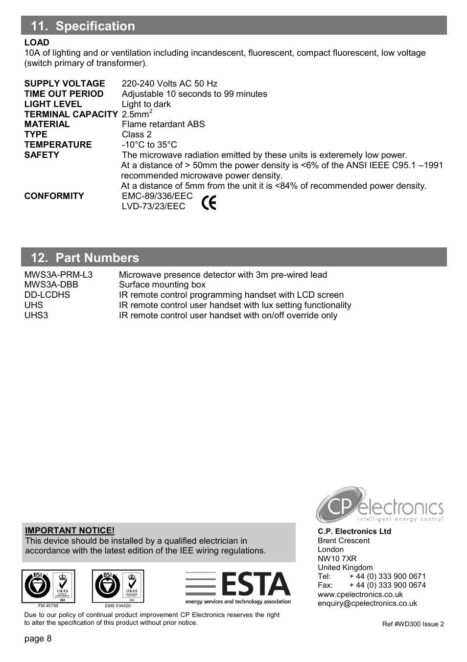 Part numbers 11. specification | CP Electronics MWS3A-PRM-L3 User Manual | Page 8 / 8