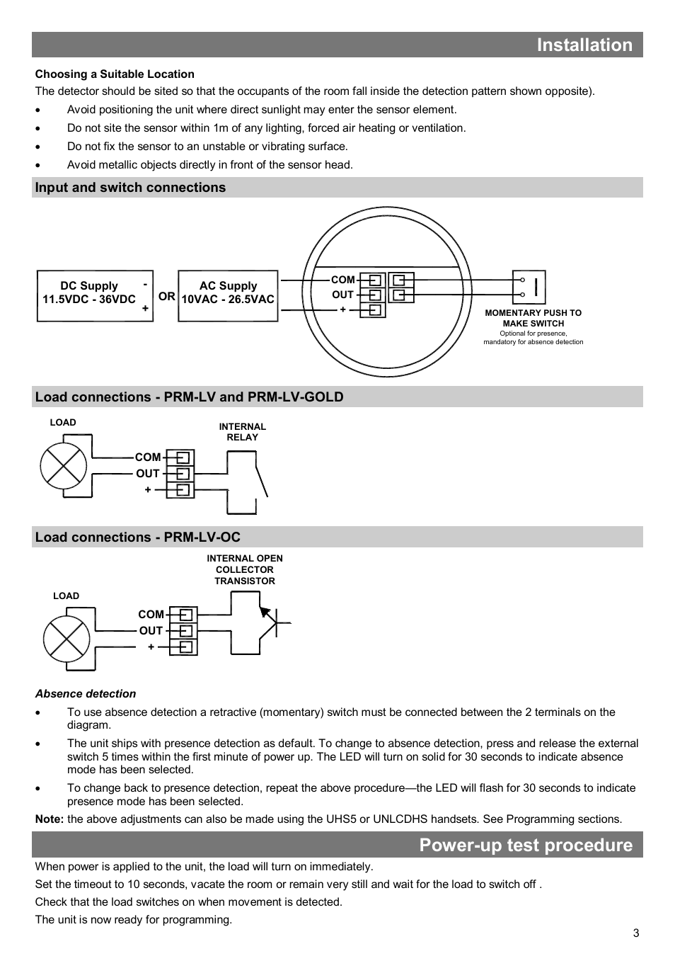 Installation, Power-up test procedure, Input and switch connections | Load connections - prm-lv and prm-lv-gold, Load connections - prm-lv-oc | CP Electronics MWS3A-PRM-LV User Manual | Page 3 / 8