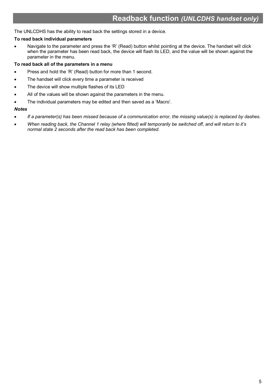 Readback function, Unlcdhs handset only) | CP Electronics MWS3A-PRM-LV User Manual | Page 5 / 8