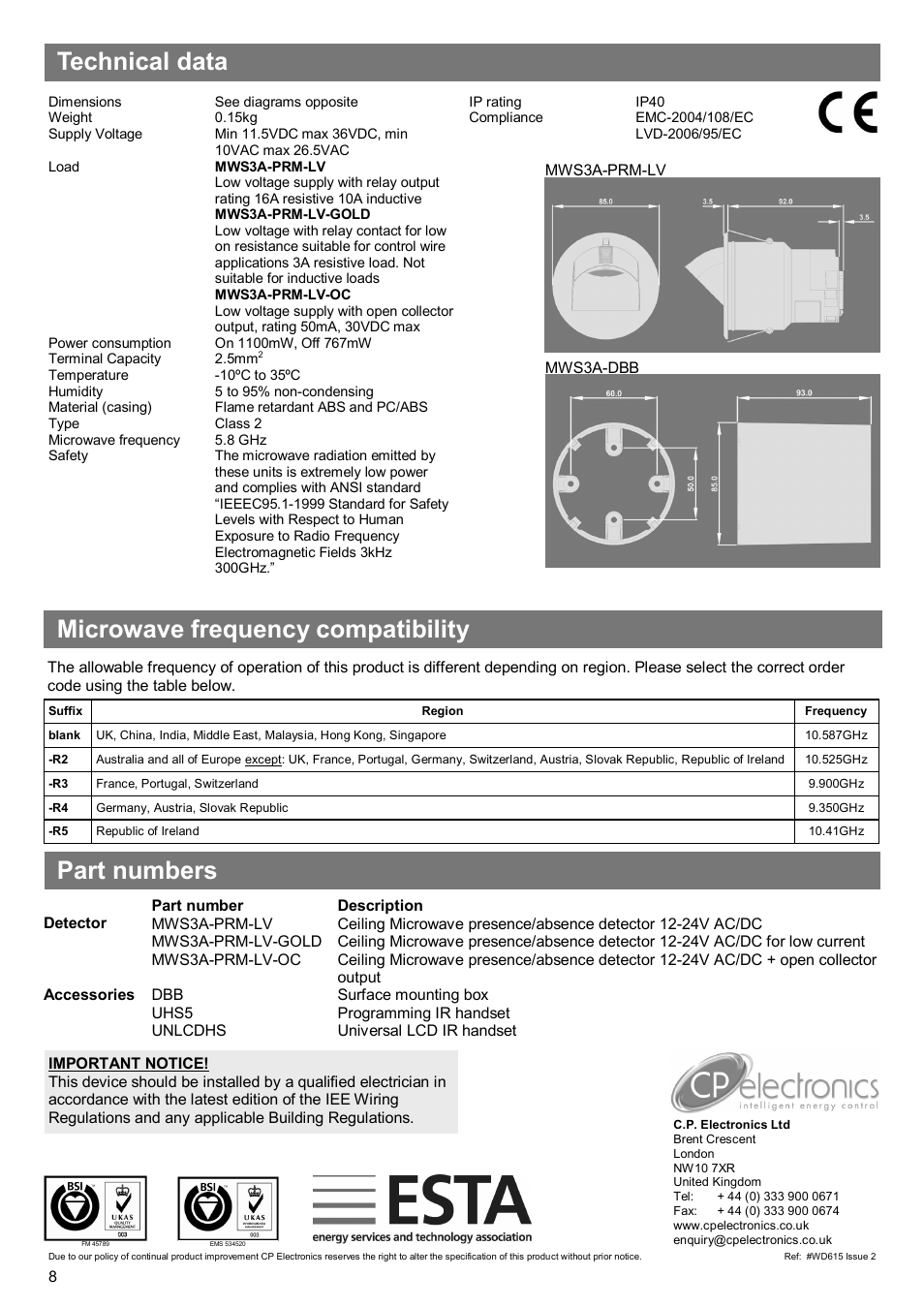 Technical data part numbers, Microwave frequency compatibility | CP Electronics MWS3A-PRM-LV User Manual | Page 8 / 8