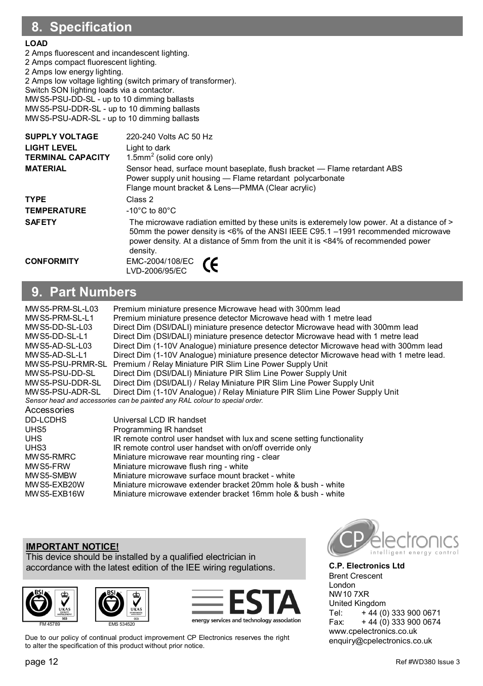 Part numbers 8. specification | CP Electronics MWS5 + slim line PSU User Manual | Page 12 / 12