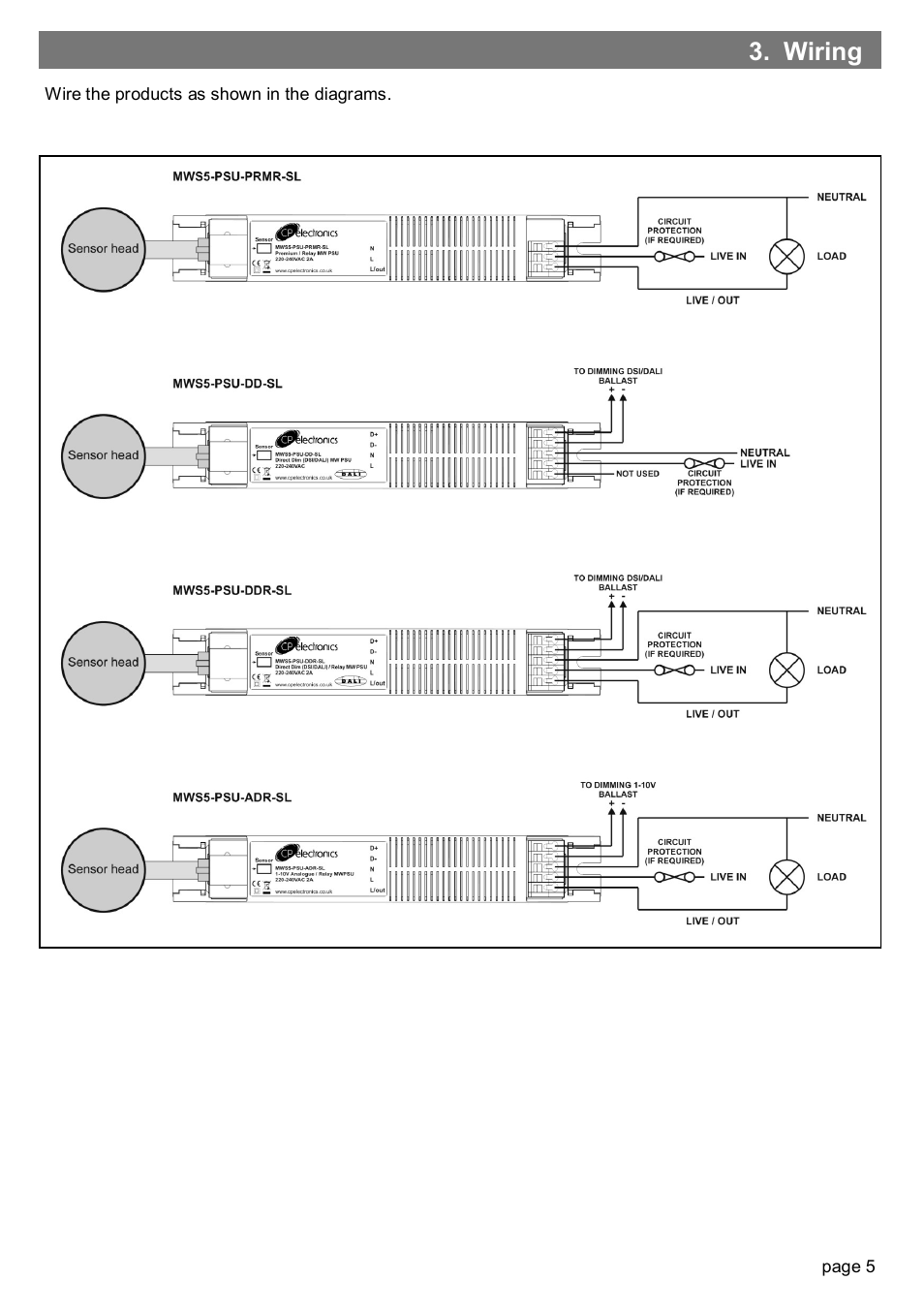 Wiring | CP Electronics MWS5 + slim line PSU User Manual | Page 5 / 12