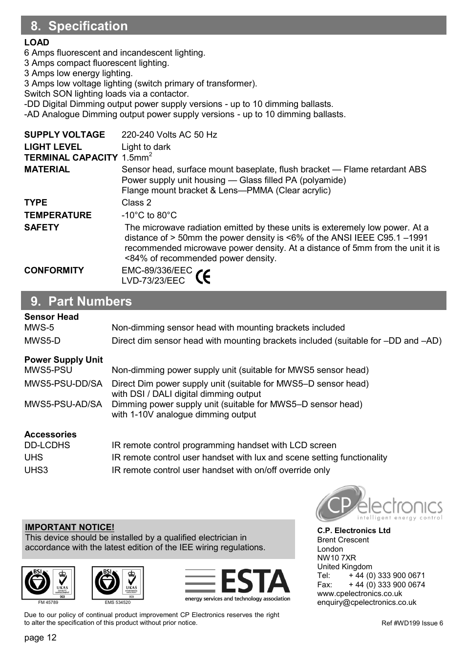 Part numbers 8. specification | CP Electronics MWS5 User Manual | Page 12 / 12