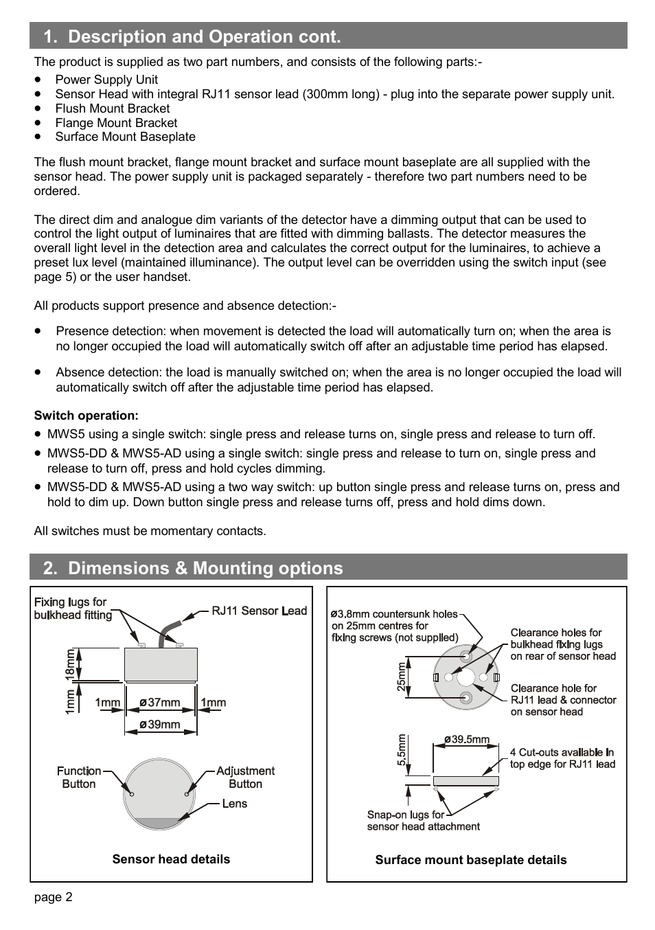 Dimensions & mounting options, Description and operation cont | CP Electronics MWS5 User Manual | Page 2 / 12