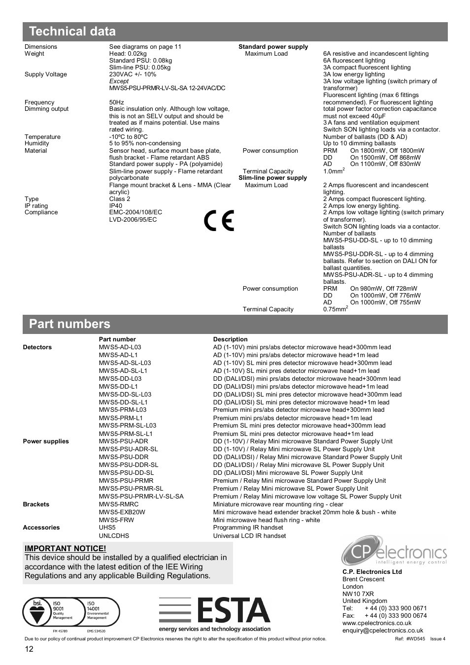 Technical data part numbers | CP Electronics MWS5 User Manual | Page 12 / 12