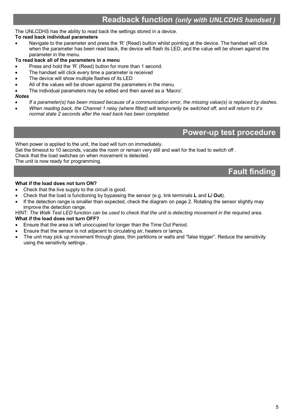 Readback function, Power-up test procedure, Fault finding | Only with unlcdhs handset ) | CP Electronics MWS5 User Manual | Page 5 / 12
