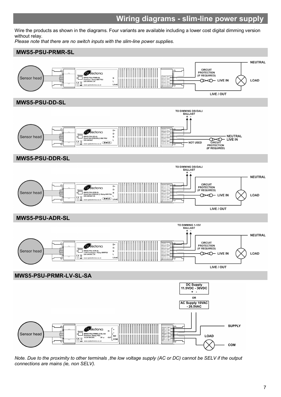 Wiring diagrams - slim-line power supply | CP Electronics MWS5 User Manual | Page 7 / 12