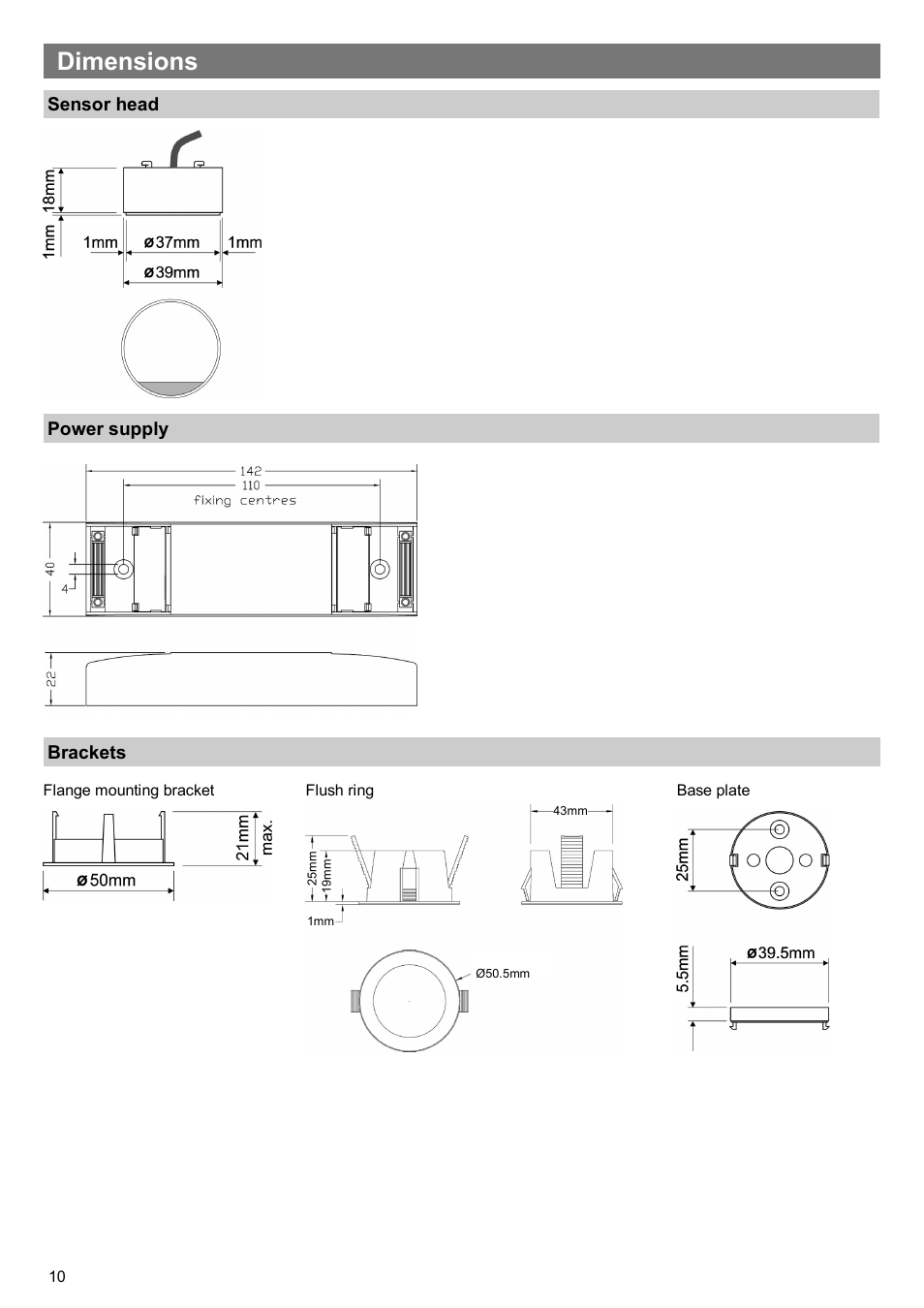 Dimensions, Sensor head power supply brackets | CP Electronics MWS5-SA User Manual | Page 10 / 12