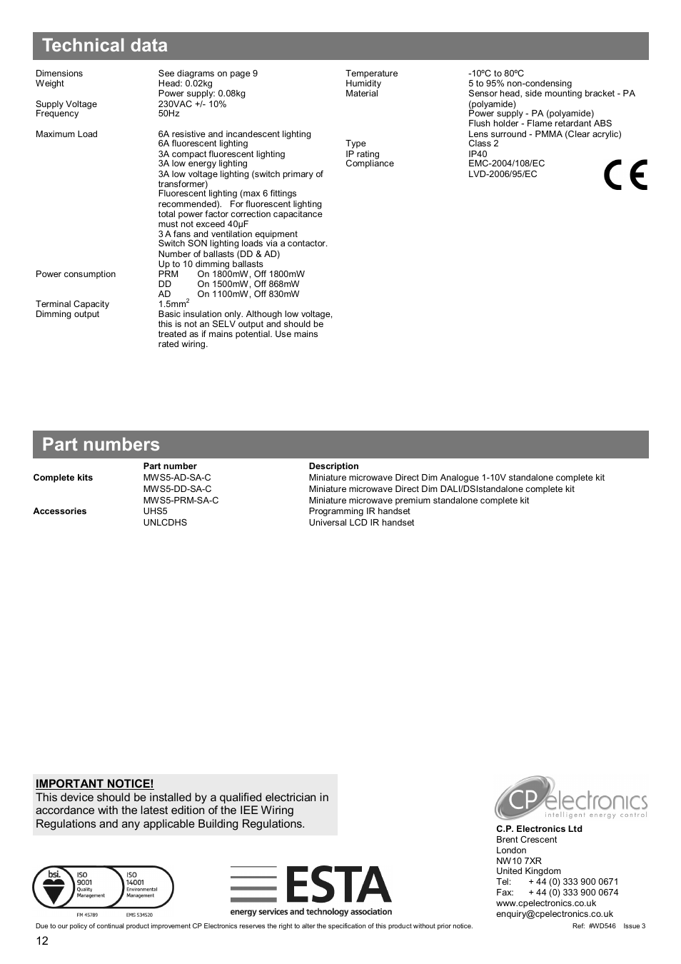 Technical data part numbers | CP Electronics MWS5-SA User Manual | Page 12 / 12