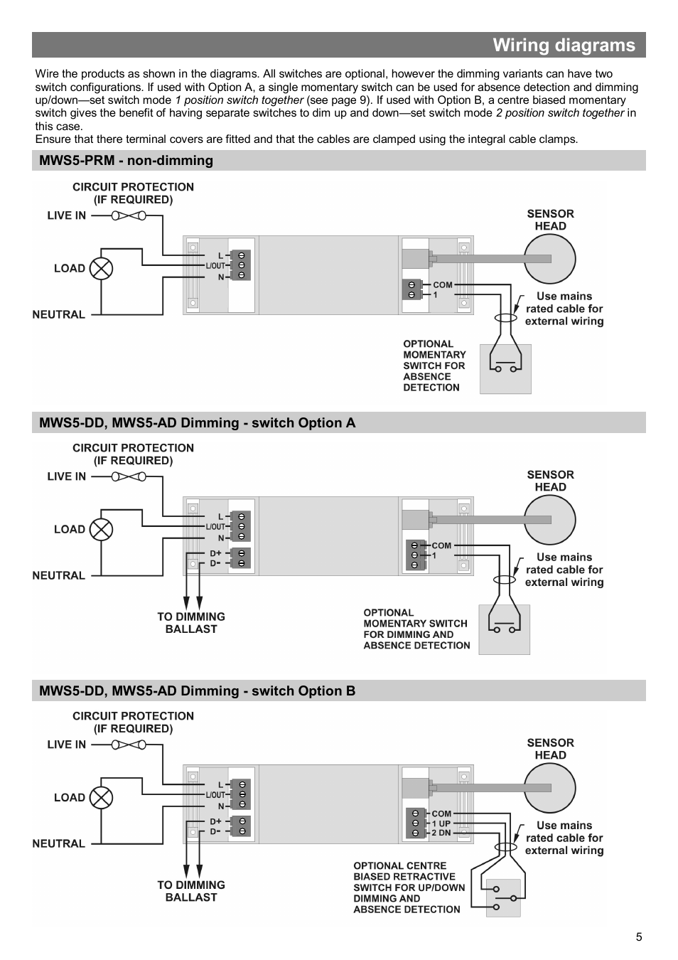 Wiring diagrams | CP Electronics MWS5-SA User Manual | Page 5 / 12