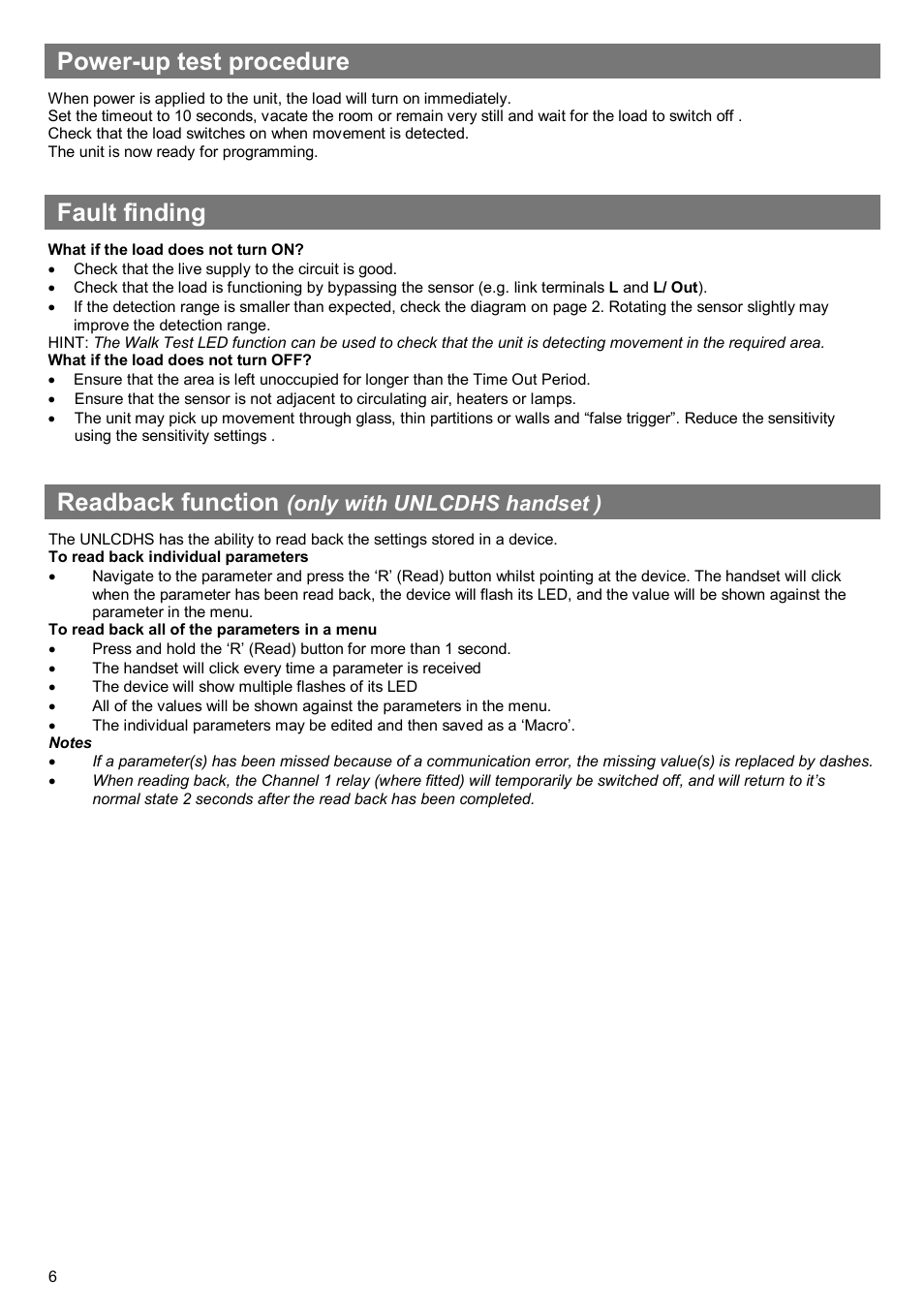 Readback function, Power-up test procedure, Fault finding | Only with unlcdhs handset ) | CP Electronics MWS5-SA User Manual | Page 6 / 12