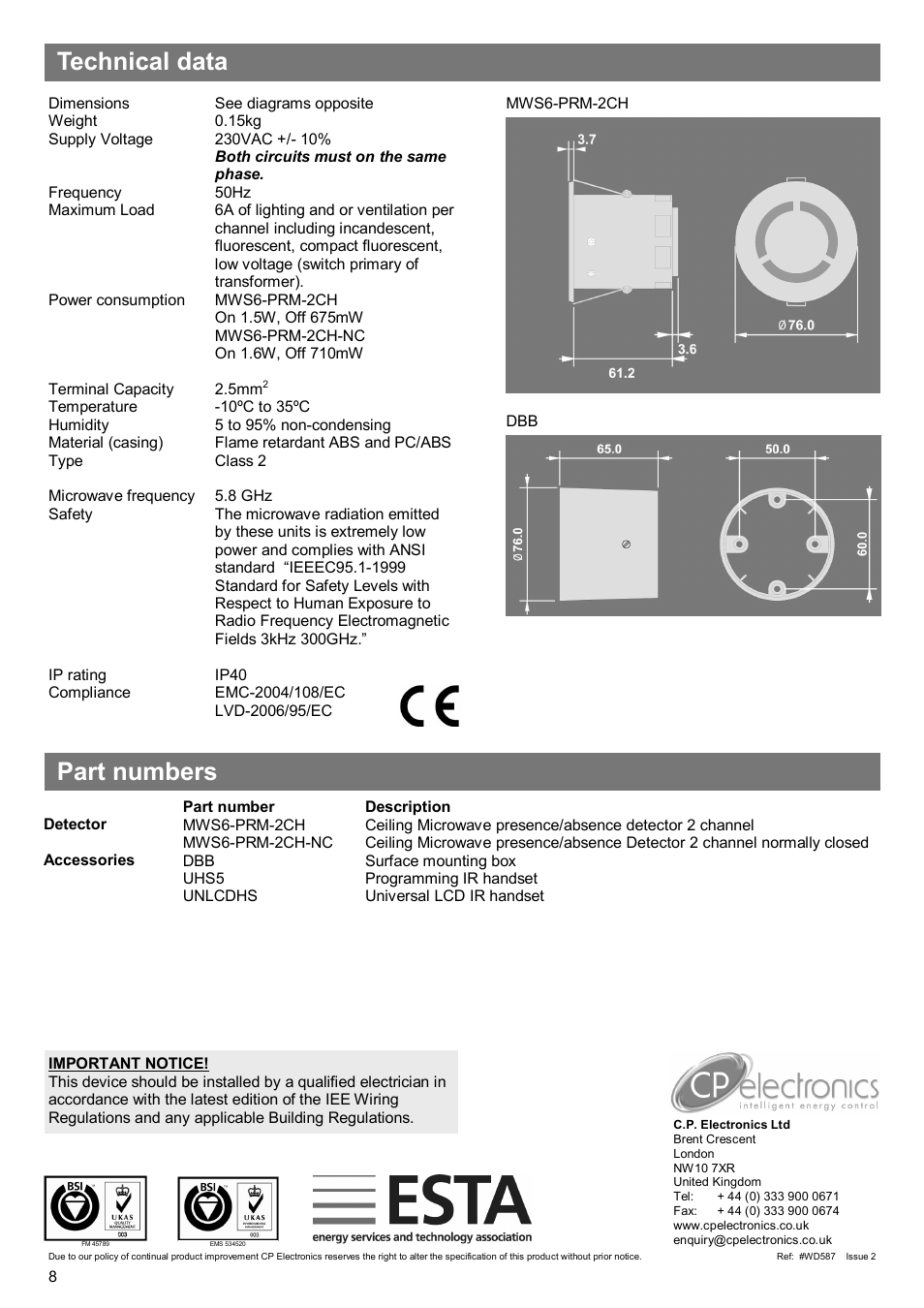 Technical data part numbers | CP Electronics MWS6-PRM-2CH User Manual | Page 8 / 8