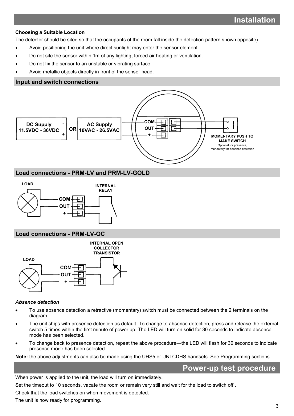 Installation, Power-up test procedure, Input and switch connections | Load connections - prm-lv and prm-lv-gold, Load connections - prm-lv-oc | CP Electronics MWS6-PRM-LV User Manual | Page 3 / 8