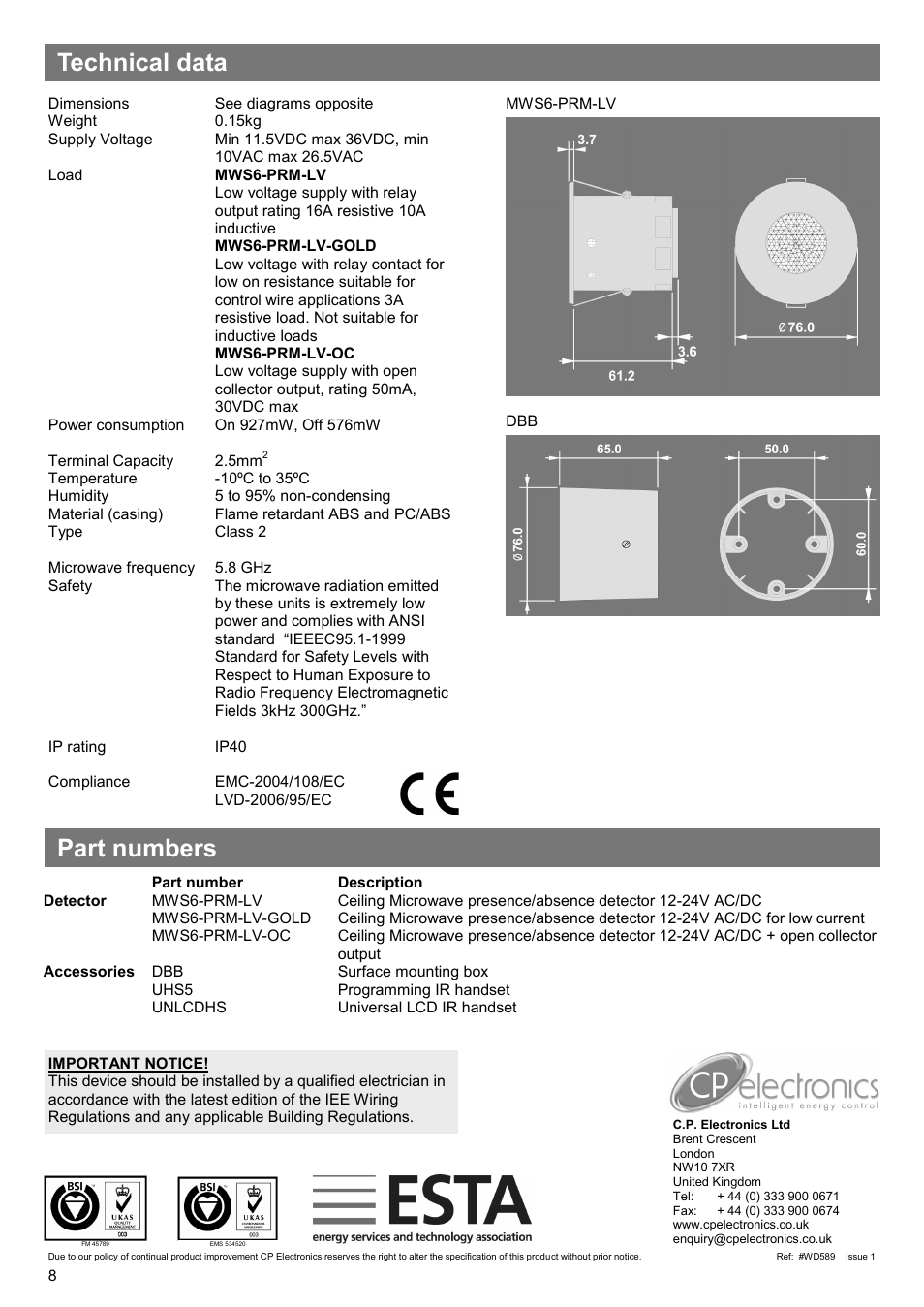 Technical data part numbers | CP Electronics MWS6-PRM-LV User Manual | Page 8 / 8