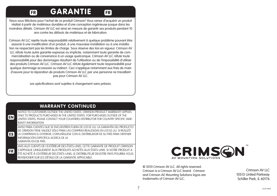 Garantie, Warranty continued | Crimson A30F User Manual | Page 7 / 7