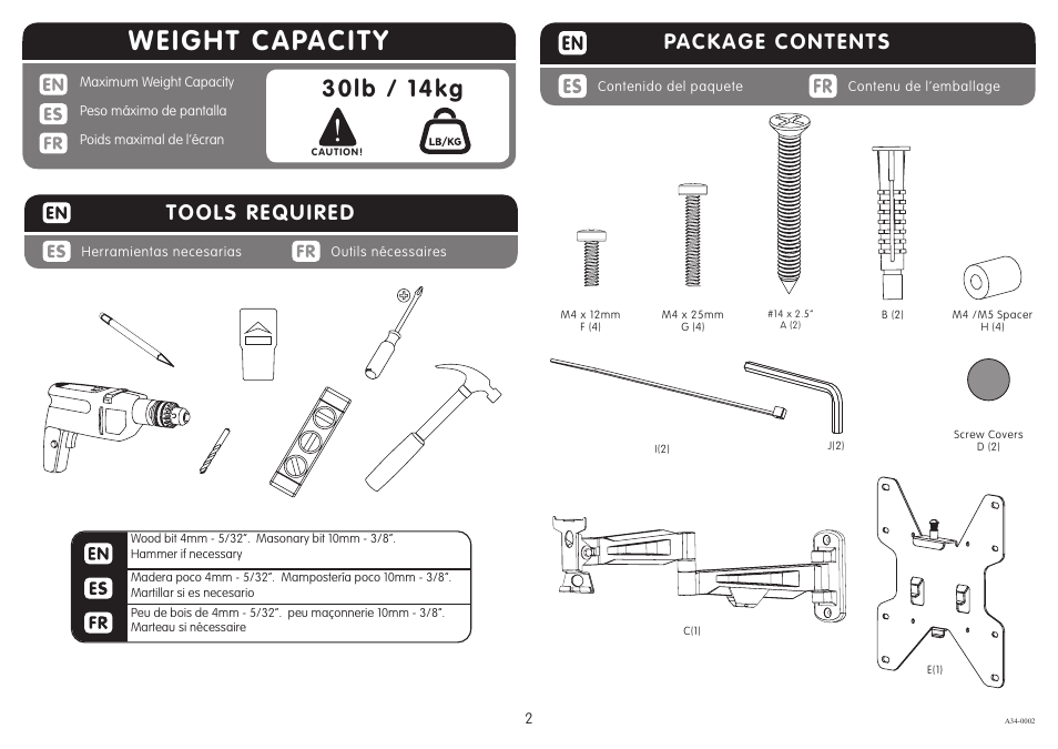 Weight capacity, 30lb / 14kg, Package contents | Tools required | Crimson A34 User Manual | Page 2 / 7