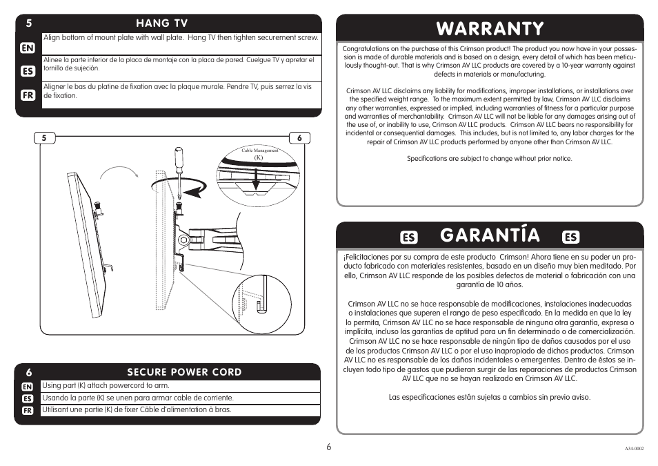 Warranty garantía, 5hang tv | Crimson A34 User Manual | Page 6 / 7