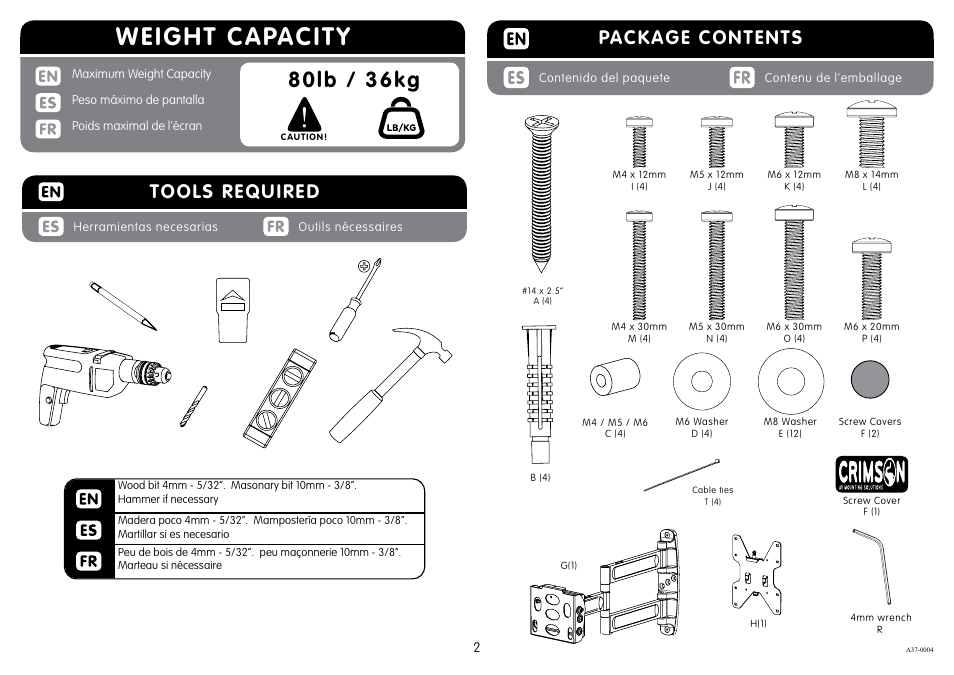 Weight capacity, 80lb / 36kg, Package contents | Tools required | Crimson A37F User Manual | Page 2 / 8