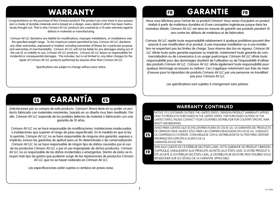 Warranty garantía, Garantie, Warranty continued | Crimson A37F User Manual | Page 7 / 8