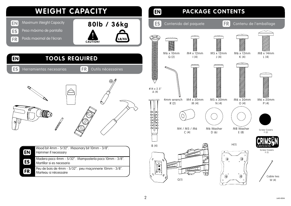 Weight capacity, 80lb / 36kg, Package contents | Tools required | Crimson A40 User Manual | Page 2 / 8